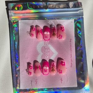 Pink Floral & Star Press-On Nails - Ombre Hot Pink Accent